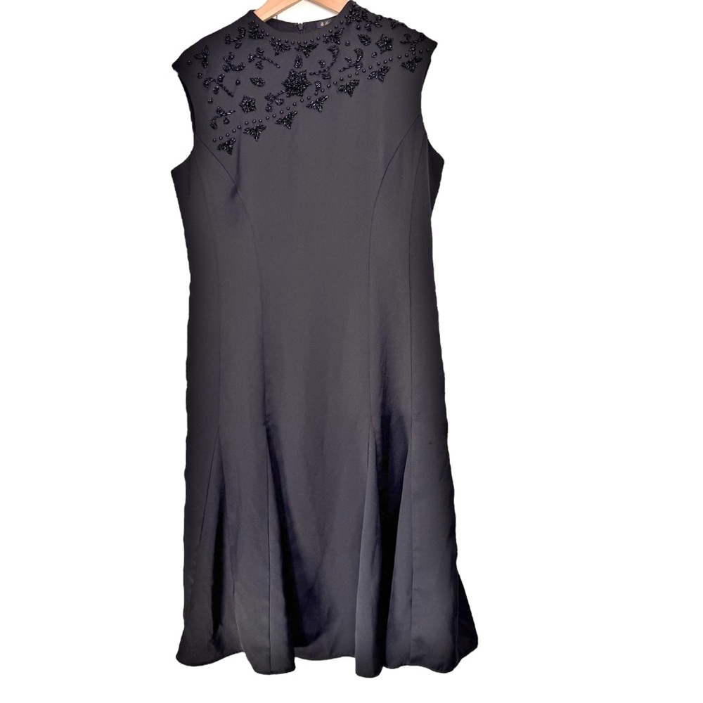 Brooks Brothers Beaded Black Fit & Flare Midi Dress Size 12 Sleeveless High Neck